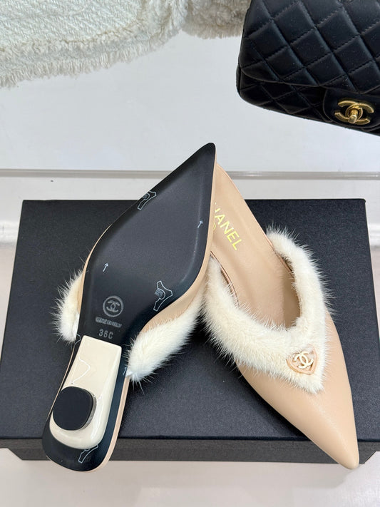 C 25 Rabbit Fur Pointed Toe Mule Half Slippers High Heels